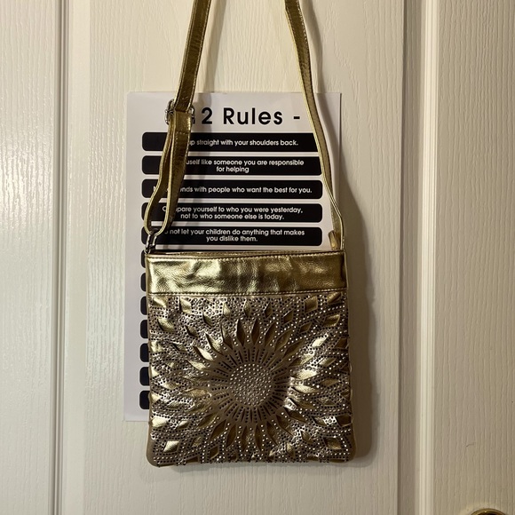 Handbags - Gold lame foil shoulder bag with rhinestone embellishments and adjustable strap